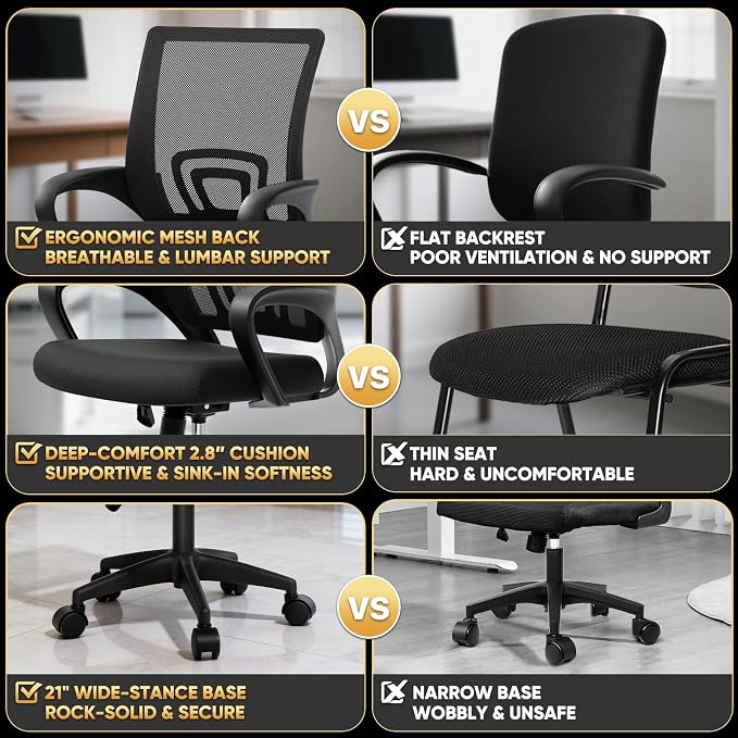 Magshion Ergonomic Office Chair Pack of 2, Mid-Back Mesh Desk Chair, Adjustable Swivel Computer Chair with Lumbar Support & Breathable Backrest for Gaming, Work, Study, 300 Lbs Capacity, Black