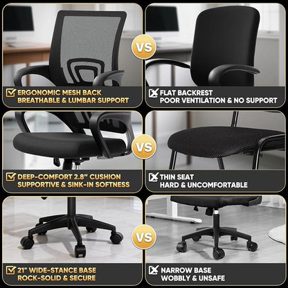 Magshion Ergonomic Office Desk Chair, Mid-Back Mesh Computer Chair, Swivel Chair with Breathable Backrest & Lumbar Support, Adjustable Height for Gaming, Work, Study, 300 Lbs Capacity, Black