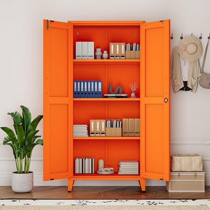 Metal Storage Cabinet with Lock,Orange Steel Tool Cabinet with 3 Adjustable Shelves,61 Tall Freestanding Heavy Duty Garage Locker for Home Office Kitchen 61" H X 27.6" W X 13.8" D