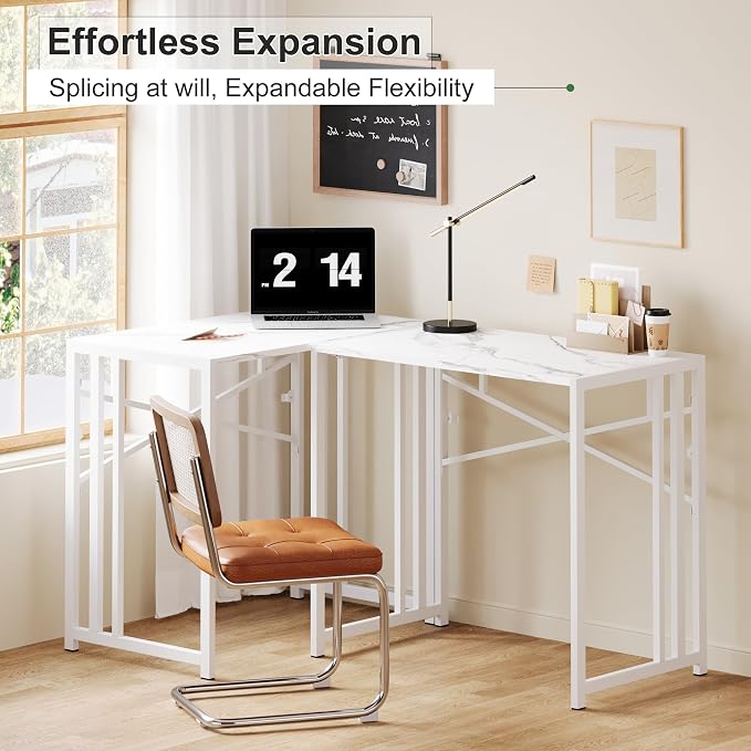 Lutown-Teen 35 inch Folding Small Desk, Writing Gaming Computer Camping Desk for Small Spaces, No Assembly Required Home Office Table, White Marble