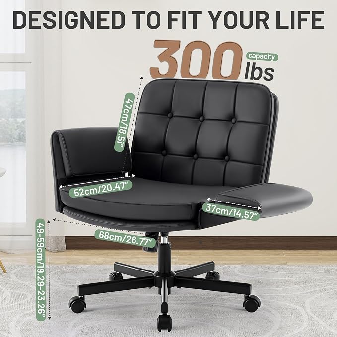 Criss Cross Chair with Wheels & Armrests - PU Leather Comfy Wide Seat Cross Legged Desk Office Chair - Comfortable Swivel Rolling Tilting Vanity Chair with Back for Home Office Makeup Bedroom
