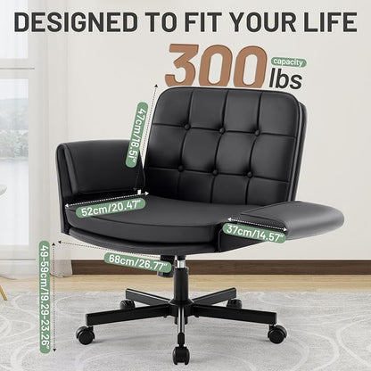 Criss Cross Chair with Wheels & Armrests - PU Leather Comfy Wide Seat Cross Legged Desk Office Chair - Comfortable Swivel Rolling Tilting Vanity Chair with Back for Home Office Makeup Bedroom