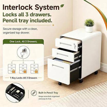 SAWJEC 3 Drawer File Cabinet with Lock, Rolling Under Desk Printer Stand, 23" H x 18" D x 16" W, Fully Assembled for Legal/Letter, White