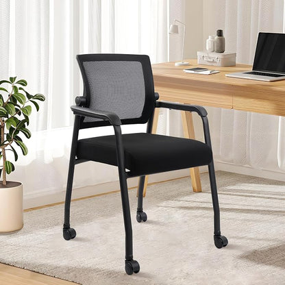 KLASIKA Waiting Room Chairs with Wheels, Adjustable Mesh Backrest, Desk Chair with Ergonomic Lumbar Support and Thickened Seats Cushion, 4 Pack Black