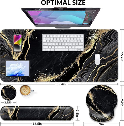 Desk Mat Set + Keyboard and Mouse Pad with Wrist Rest Support,4-in-1 Large Mousepad Computer Mats for Desktop Home & Office-Marble 3