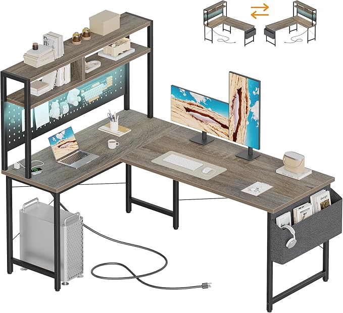 Mericonia 51 inch Large L Shaped Desk with Pegboard Hutch & Shelves, Corner Gaming Desk with Power Outlet, LED Light & Storage Bag, Reversible Computer Desk for Home, Bedroom, Office Workspace, Grey