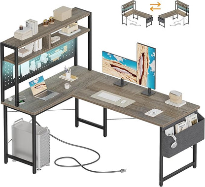 Mericonia 51 inch Large L Shaped Desk with Pegboard Hutch & Shelves, Corner Gaming Desk with Power Outlet, LED Light & Storage Bag, Reversible Computer Desk for Home, Bedroom, Office Workspace, Grey
