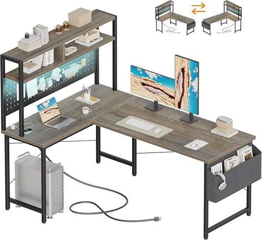 Mericonia 51 inch Large L Shaped Desk with Pegboard Hutch & Shelves, Corner Gaming Desk with Power Outlet, LED Light & Storage Bag, Reversible Computer Desk for Home, Bedroom, Office Workspace, Grey