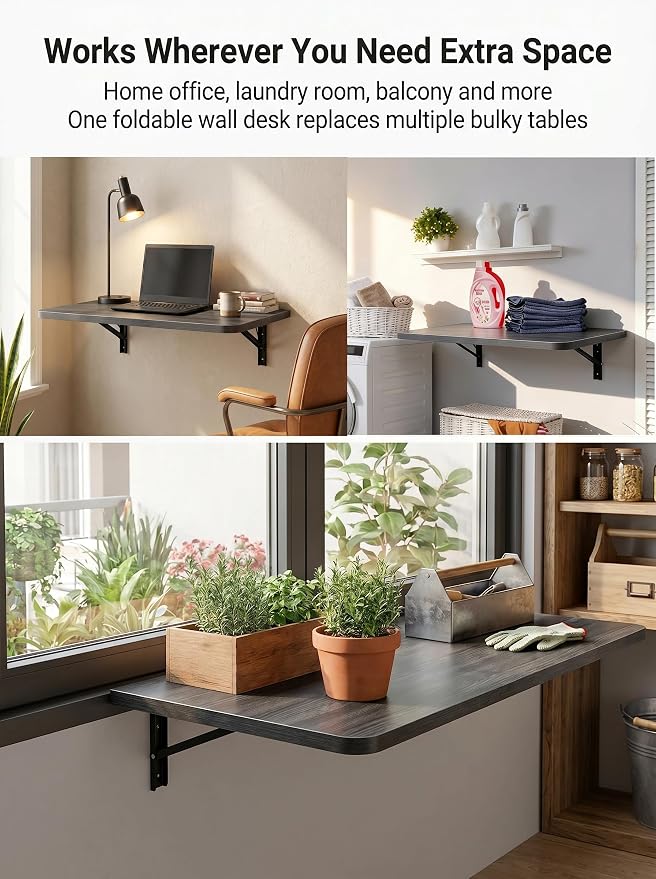 31" x 22.8" Wall Mounted Folding Desk, Floating Shelf Storage Table with Foldable Stand for Folding Tables for Balcony, Laundry, Kitchen, Home Office, Bedroom & Living Room (Grey)