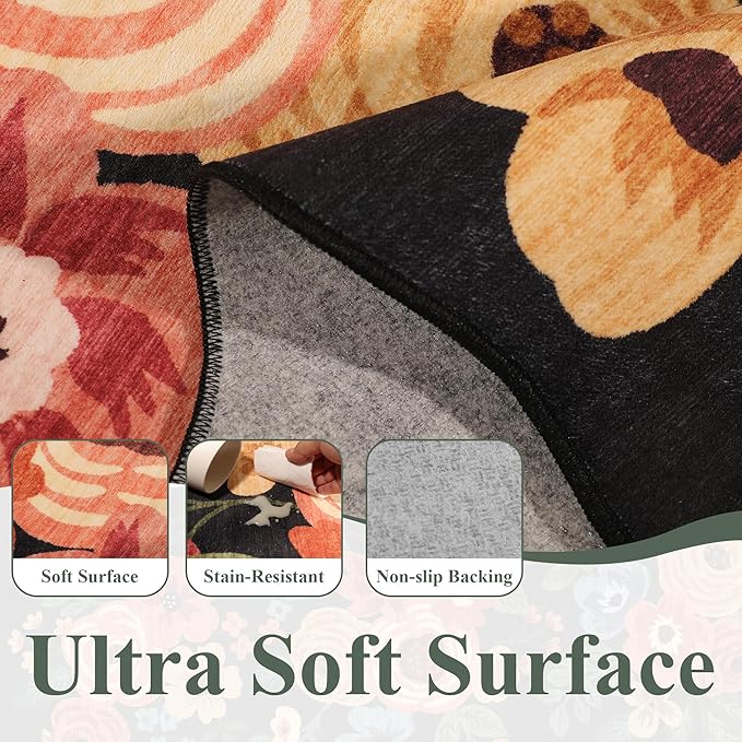 DUKINO 2x12 Runner Rug for Hallway, Soft Floral Washable Kitchen Runner Rug with Non Slip Backing, Lightweight & Low Pile Extra Long Carpet for Entryway, Laundry Room, Entrance, Bedroom, Black