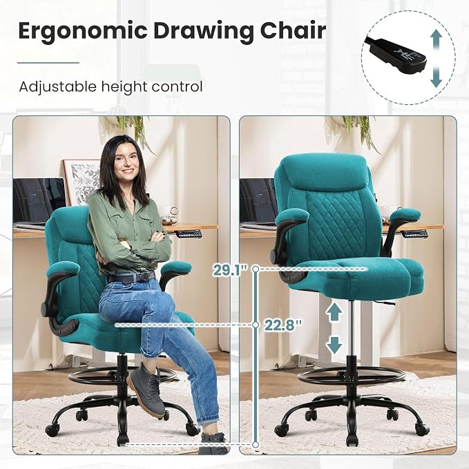 MAHOMICO Drafting Chair for Standing Desk – Tall Office Chair with Adjustable Height & Foot Ring, Flip-Up Arms, Lumbar Support – Comfortable Fabric Seat, Ideal Home Desk Chair