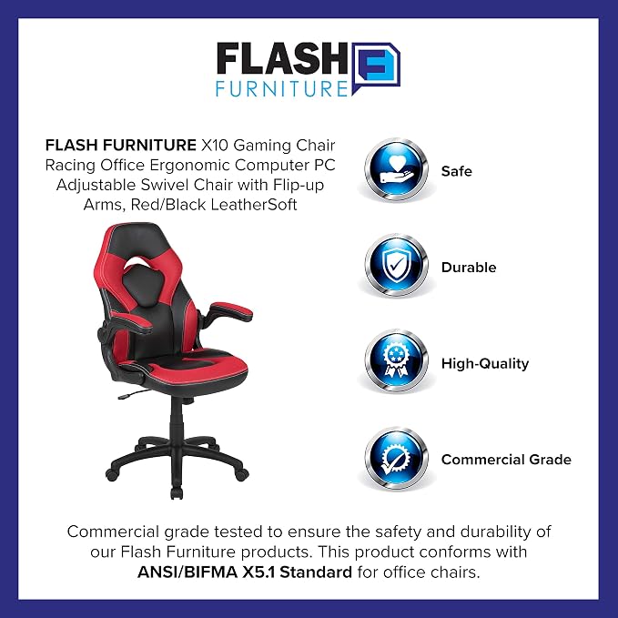 Flash Furniture X10 High-Back LeatherSoft Racing Style Gaming Chair with Flip-Up Arms, Ergonomic Padded Swivel Computer Chair, Red/Black