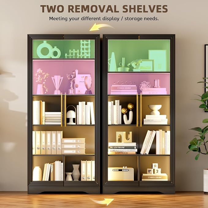 Vlsrka LED Display Cabinet with Glass Doors, Modern Storage Cabinet with 5 Tier Adjustable Shelves, Human Sensor, for Collectibles, 65" Tall Bookcase for Home Office Living Room, Black