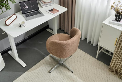 VINGLI Cute Small Swivel Desk Chair Comfy no Wheels,Ergonomic Low-Back Lumbar Support Vanity Nail Tech Computer Task Stool Chair for Home Office,Height Adjustable,Teddy Fleece,Brown
