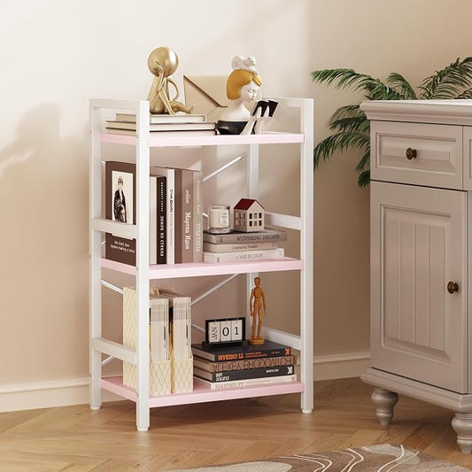 Homeiju Pink Bookshelf, 3 Tier Industrial Bookcase, Metal Small Bookcase, Rustic Etagere Book Shelf Storage Organizer for Living Room, Bedroom, and Home Office(Pink) Patent Pending D29873033