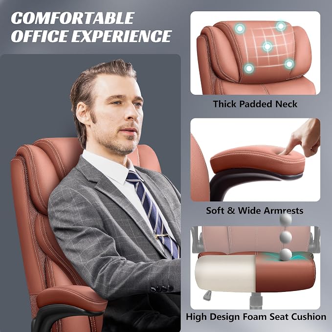 HeroSet Office Chair, Ergonomic Big and Tall Computer Desk Chairs, Executive Breathable Leather Chair with Adjustable Flip-up Armrests, Lumbar Support Swivel PC Chair with Rocking Function,Matte Brown