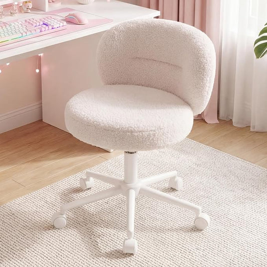 Homkdom Cute Vanity Chair with Wheels Comfy Desk Chair with Back Height Adjustable & 360° Swivel for Makeup, Study, or Light Office Work, White
