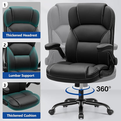 PU Leather Office Chair, Ergonomic High-Back Desk Computer & Gaming Chair with Adjustable Height, Rolling Swivel & Flip-Up Armrests, Comfy Padded Seat for Home Office-Black