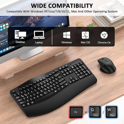Wireless Keyboard and Mouse Combo, Ergonomic Wave Keys (Black) | 2.4G Full Size Wave Keyboard with Wrist Rest, 3-Level DPI Adjustable Ergonomic Mouse for Windows and Mac OS Desktop/Laptop/PC
