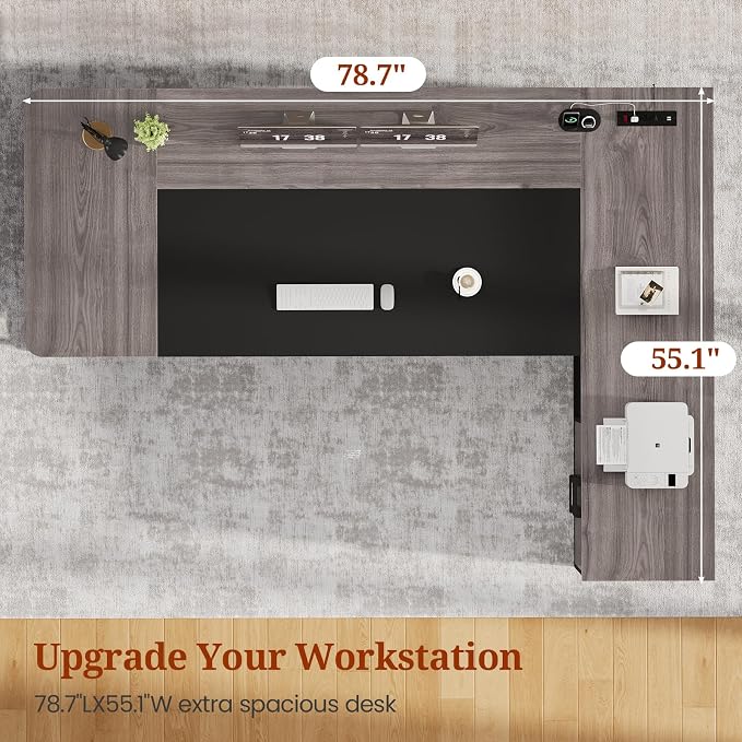 UPOSOJA 78.7" Executive Desk, Large Office Desk with Drawers & Storage Shelves, Modern L Shaped Computer Desk Corner Desk with Power Outlets, File Cabinet, Business Furniture Desk Workstation (Grey)