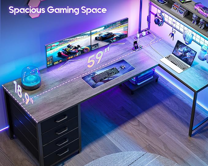 AODK L Shaped Gaming Desk with Hutch, 59" Computer Desk with 4 Drawers & Storage Shelves, Reversible Corner Desk with LED Light & Power Outlets, Gamer Table for for Home Office, Gray Oak