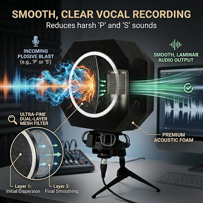 Mic Isolation Shield with Pop Filter for Recording | Reduces Echo and Room Reflections; Fits 40-60mm Condenser Mics; for Podcasting,Streaming,Singing and Coiceovers