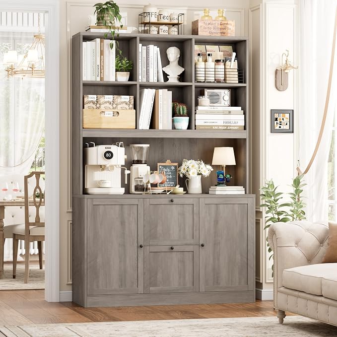 HIFIT 72'' Tall File Bookcase with Power Outlet & Printer Stand, 2 Drawer File Cabinets for Home Office Hanging Letter/A4 File, Storage Cabinet with 3 Tier Book Shelf & Doors For Living Room, Ash Grey