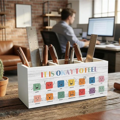 Emotions Chart Classroom Pencil Pen Holder for Desk Organizer, It Is Okay to Feel Decor, Feelings Chart Wooden Box Decorations for Kids School Counseling Office Classroom Desk Tabletop Decor