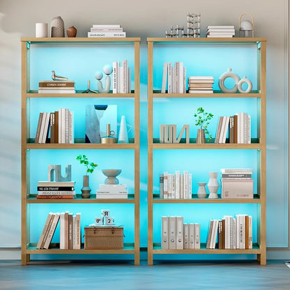 Vlsrka Wooden Bookshelf with Lights, 5 Tier Bookshelf with Storage, Tall Bookcase with Open Shelves, Standing Bookshelves Display Rack for Living Room, Home Office, Brown