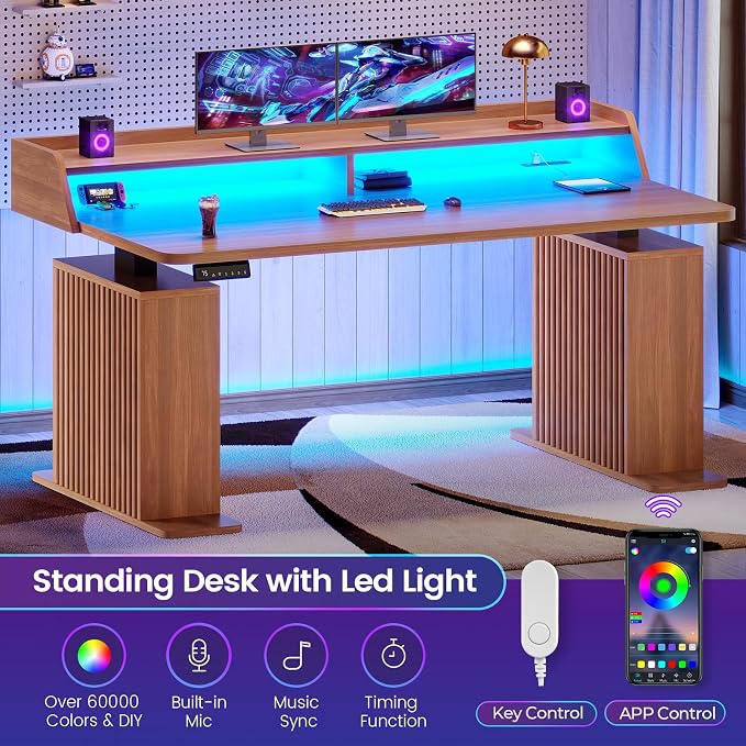SEDETA Standing Desk with Storage, 55" Fluted Stand Up Desk with Power Outlets and LED Lights, Height-Adjustable Table with Monitor Shelf for Home Office & Gaming, Brown