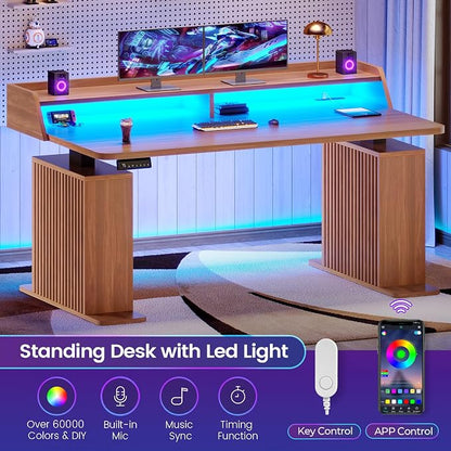 SEDETA Standing Desk with Storage, 55" Fluted Stand Up Desk with Power Outlets and LED Lights, Height-Adjustable Table with Monitor Shelf for Home Office & Gaming, Brown