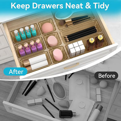 ElegantArray 12 PCS Drawer Organizer Set, 4 Sizes Tool Storage Trays, Clear Plastic Makeup Vanity Organizer and Storage Bins for Stationeries, Multiple Gadgets for Office, Bedroom, Champagne