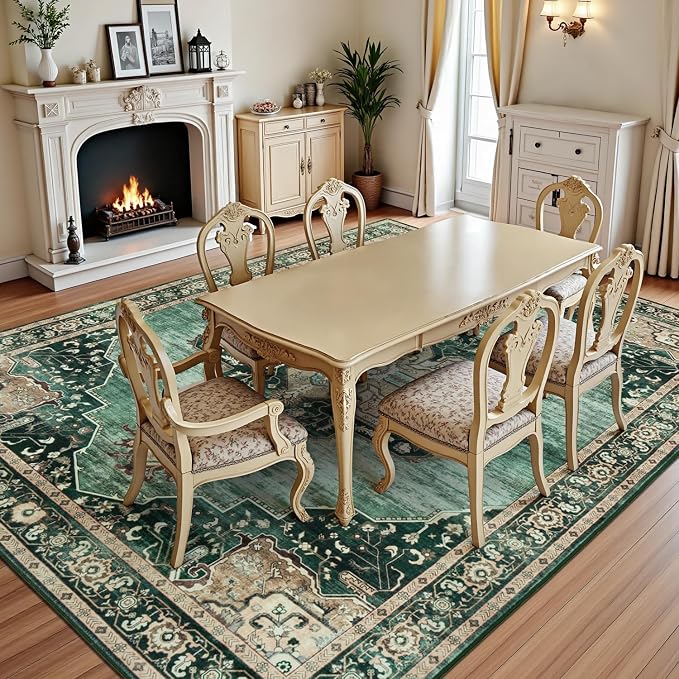 Lofus 8x10 Emerald Green Washable Rugs Non-Slip, Vintage Floral Area Rug for Living Room Bedroom Dining Room Kitchen, Low Pile Distress Print Medallion Carpet Home Decor Rug
