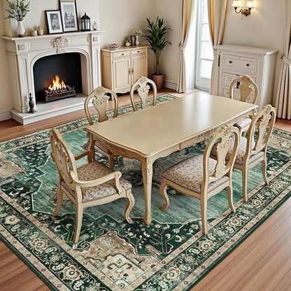 Lofus 8x10 Emerald Green Washable Rugs Non-Slip, Vintage Floral Area Rug for Living Room Bedroom Dining Room Kitchen, Low Pile Distress Print Medallion Carpet Home Decor Rug