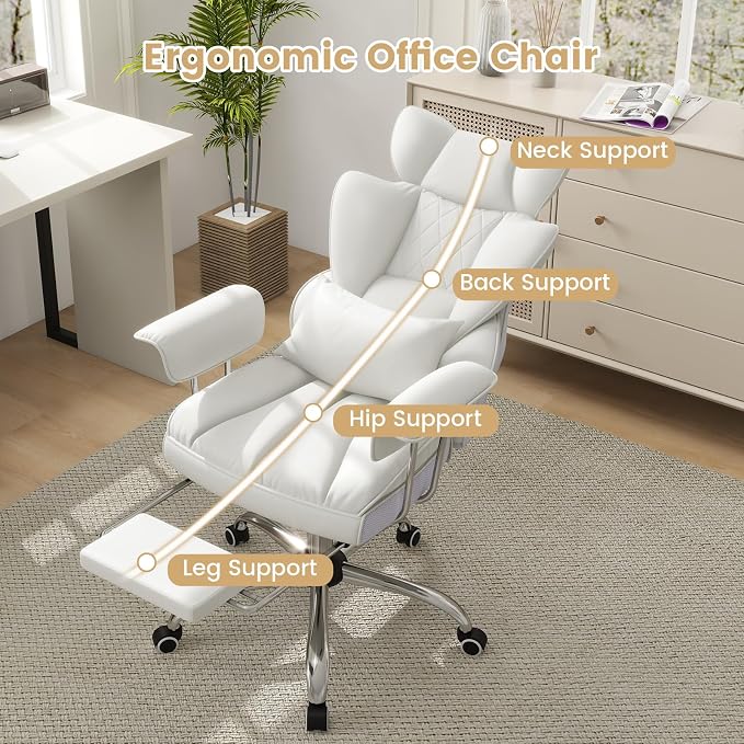 COSTWAY 400 LBS Big and Tall Office Chair, PU Leather Executive Desk Chair w/Retractable Footrest, Reclining Function, Lumbar Support, Ergonomic High Back Home Computer Task Chair, White
