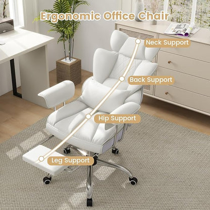 COSTWAY 400 LBS Big and Tall Office Chair, PU Leather Executive Desk Chair w/Retractable Footrest, Reclining Function, Lumbar Support, Ergonomic High Back Home Computer Task Chair, White