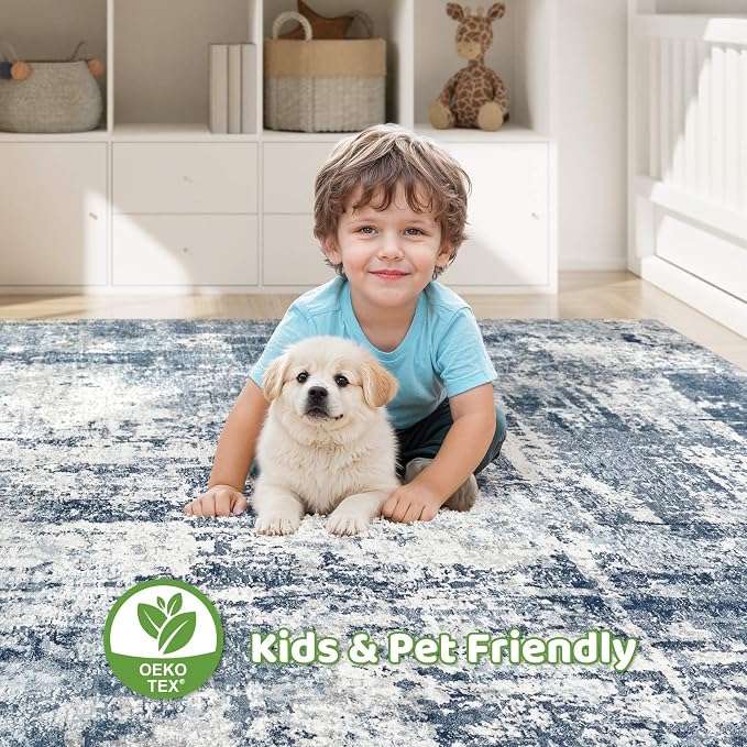 7x10 Area Rug Living Room: Washable Large Abstract Modern Soft Rug Stain Resistant Indoor Non-Slip Carpet for Bedroom Dining Room Nursery Kids Playroom Office Home House- Blue White