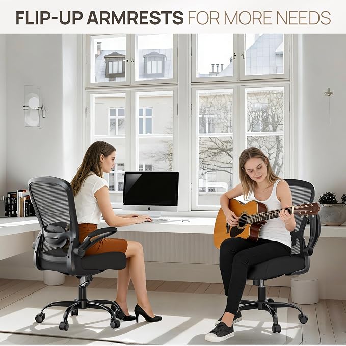Mimoglad Ergonomic Office Chair, Comfortable Desk Chair with Flip-up Armrests, Adjustable Lumbar Support, 135° Reclining Mesh Computer Chair for Home Office, Small Spaces and Team Office, Black