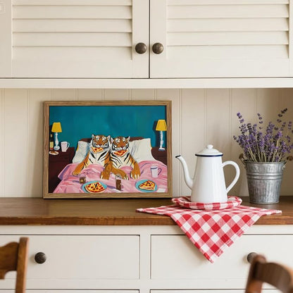 Framed Tiger Pizza Wall Art, Dopamine Wall Decor Canvas Print, Vintage Fun Tiger Eating Pizza in Bed Poster, Abstract Animal Picture Painting Art for Bedroom Living Room Home Decor 16x24 inch