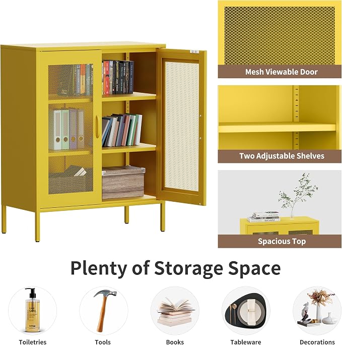 Washsemba Metal Storage Cabinet with Mesh Doors,Steel Display Cabinet with Adjustable Shelves,Metal Office Storage Locker for Home Office,Garage(Yellow, 40''H)