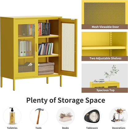 Washsemba Metal Storage Cabinet with Mesh Doors,Steel Display Cabinet with Adjustable Shelves,Metal Office Storage Locker for Home Office,Garage(Yellow, 40''H)