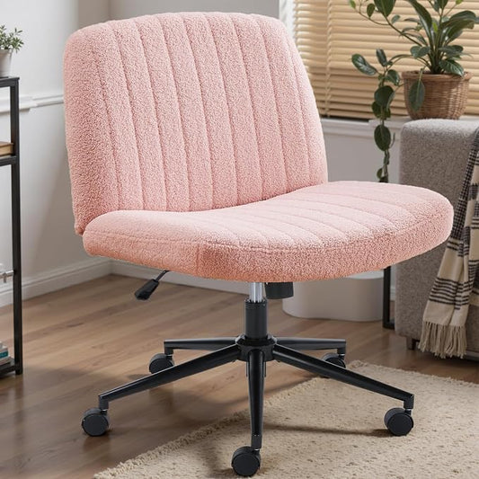 DUMOS Criss Cross Chair with Wheels, Wide Cross Legged Office Desk Vanity Chairs, Armless Height Adjustable Swivel Chairs for Home Computer Task, Teddy Fleece, Pink Wheel