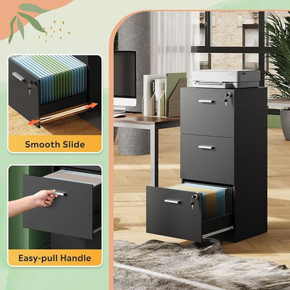 DEVAISE 3 Drawer File Cabinet with Lock, Vertical Wood Filing Cabinet for Office Storage, Printer Stand for Filing Cabinets for Home Office, Black