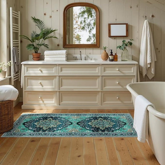 RELEANY Area Rugs Runner 2'x5' Washable Non-Slip, Floral Vintage Distress Medallion Carpet for Kitchen Hallway Bedroom Beside Laundry Room Bathroom, Teal Green Lake Blue Turquoise