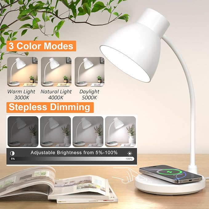 Desk Lamp for Home Office - LED Desk Lamp with Wireless Charger, 3 Color Modes Dimmable Eye-Caring Study Reading Desk Light, Small Flexible Arm Table Lamp for College Dorm Room Bedside, White