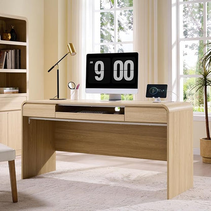 63" Modern Computer Desk with 2 Drawers, Wood Curved Executive Desk with Keyboard Tray & Power Outlet, Writing Desks with Storage for Home Office, Study Room, Living Room (Natural)