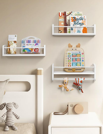 Maxpeuvon Nursery Bookshelves Set of 3, Natural Wood Nursery Floating Shelves Wall Mount Storage Shelf with Towel Bar Hainging Bookshelf for Kids Room Bedroom Living Room Decor, White