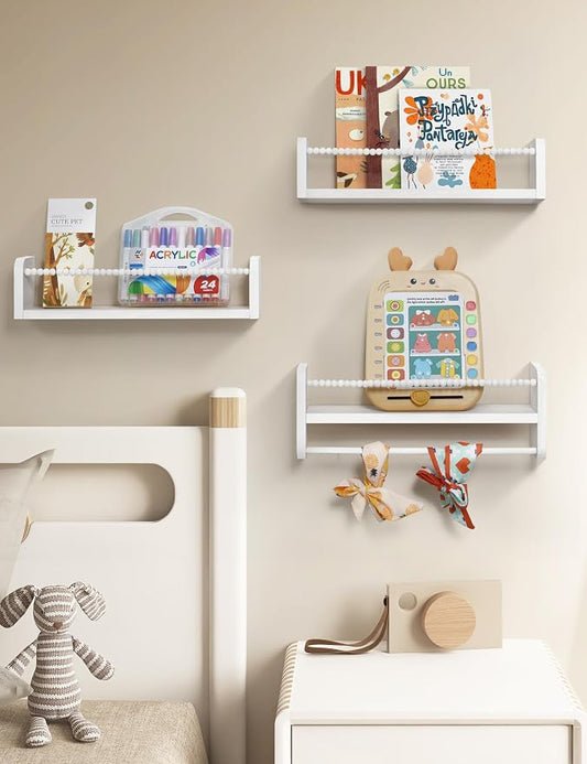 Maxpeuvon Nursery Bookshelves Set of 3, Natural Wood Nursery Floating Shelves Wall Mount Storage Shelf with Towel Bar Hainging Bookshelf for Kids Room Bedroom Living Room Decor, White