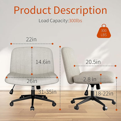 Criss Cross Chair with Wheels, 26" Wide Cross Legged Office Chair with Adjustable Height, Armless Fabric Swivel Vanity Chair for Home Office, Bedroom, Makeup & Long Hours Sitting (Beige)