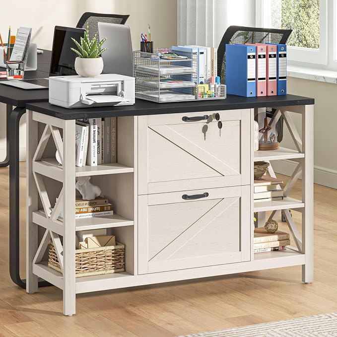 Halitaa 44" Lateral File Cabinet with Adjustable Shelves, Farmhouse 2 Drawer Filing Cabinet with Lock for Legal/A4/Letter, Wooden Printer Stand Office Furniture for Home Office, White and Black
